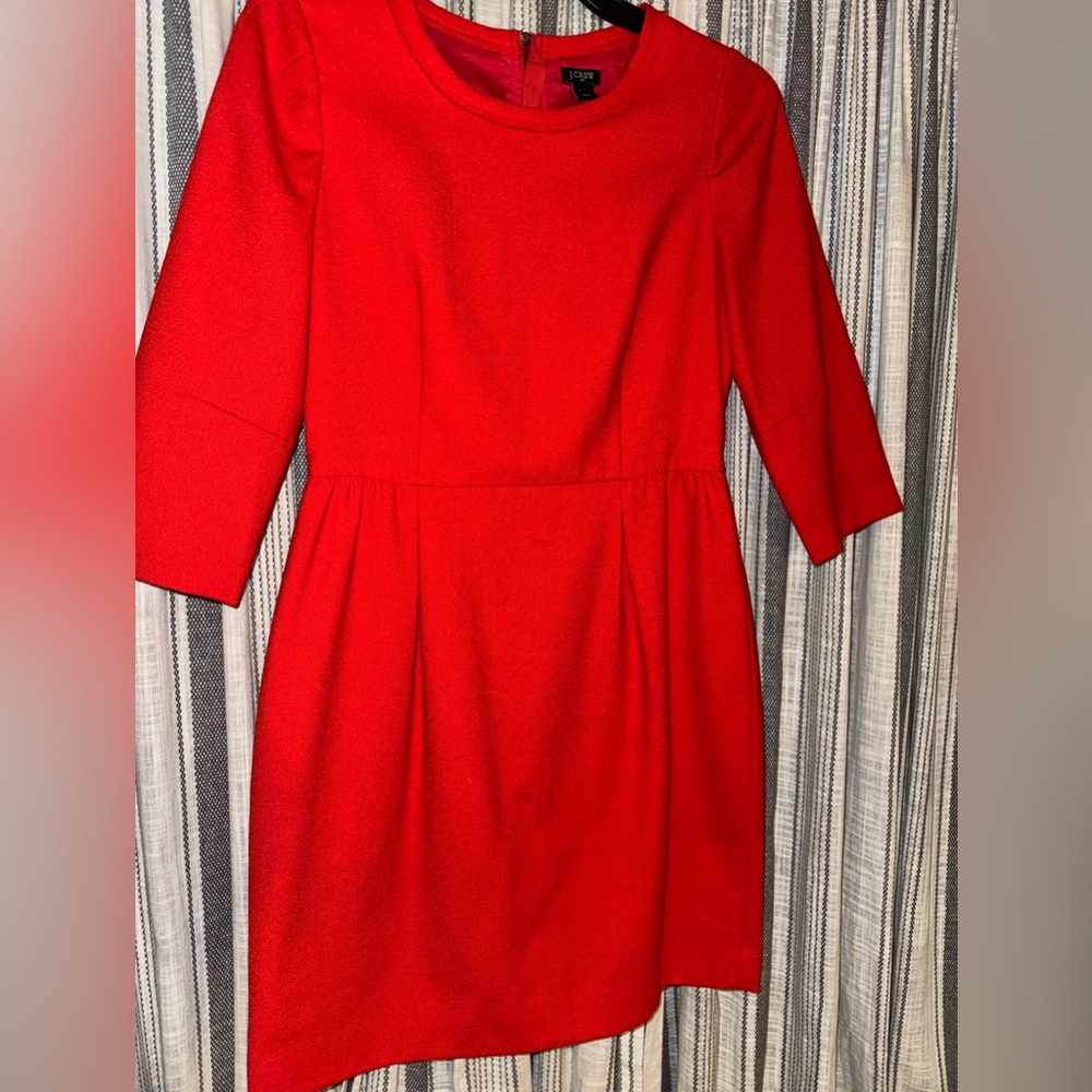 J. Crew Teddie wool crepe dress in bright red with 3/4 sleeves 8